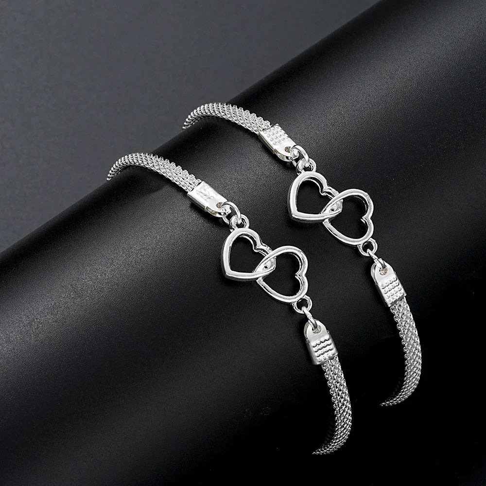 2 Pcs Set Love Heart Couple Bracelets Women Men Silver Color Double Layer Gift