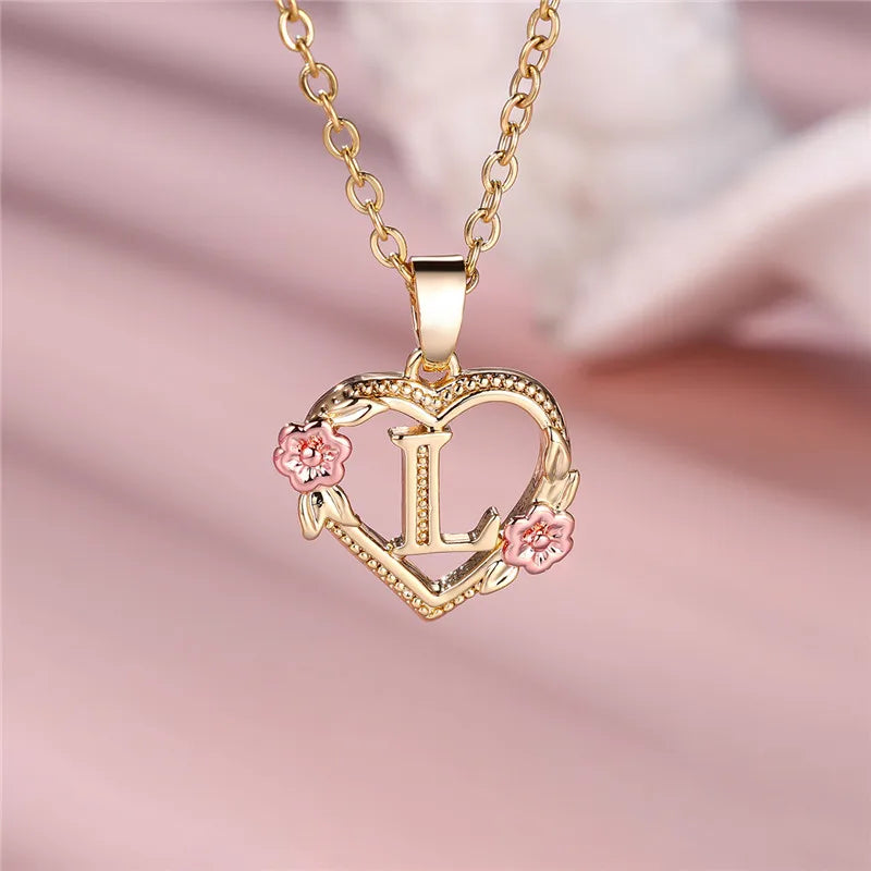 A Z Letter Flower Pendant Necklace Yellow Gold Tone for Women Gift