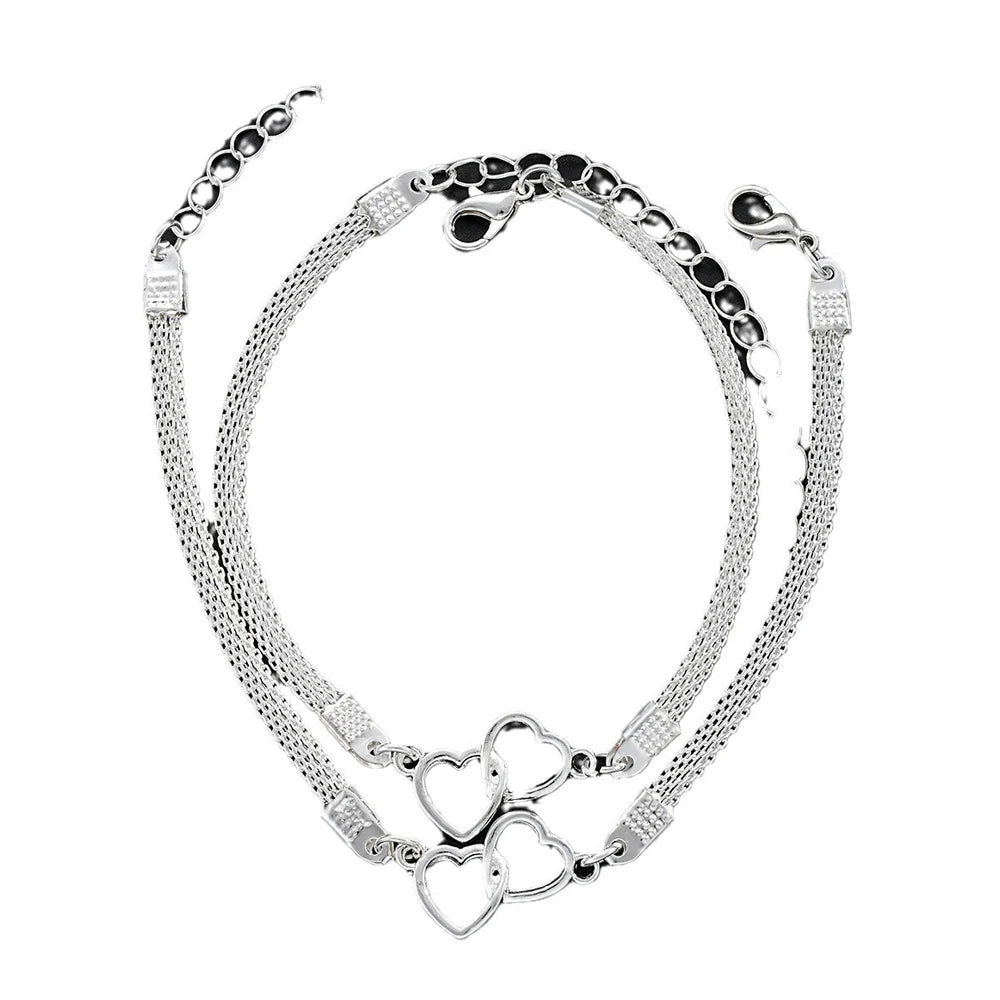 2 Pcs Set Love Heart Couple Bracelets Women Men Silver Color Double Layer Gift