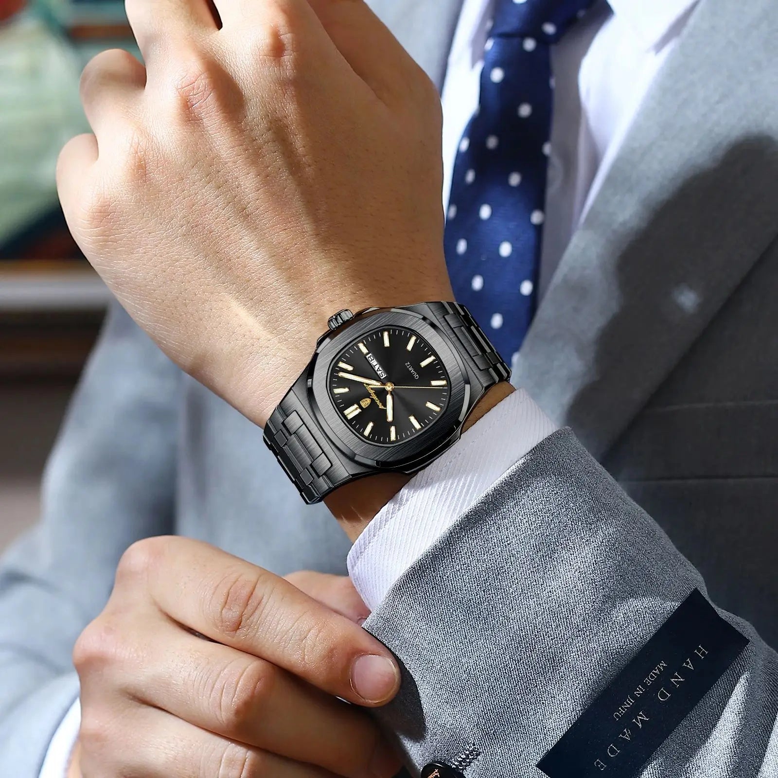 POEDAGAR Brand Square Men's Watch Week Date Stainless Steel Male Watch Luminous Waterproof Luxury Fashion Quartz Watches For Men