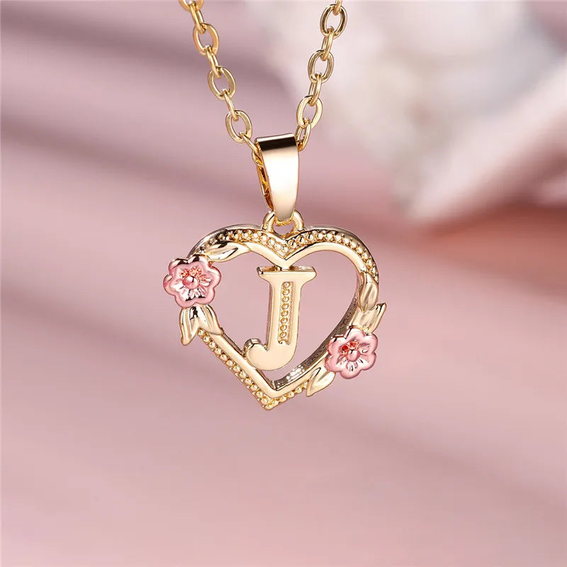 A Z Letter Flower Pendant Necklace Yellow Gold Tone for Women Gift