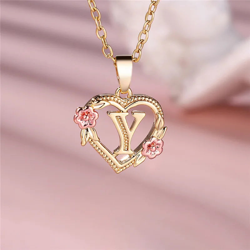 A Z Letter Flower Pendant Necklace Yellow Gold Tone for Women Gift