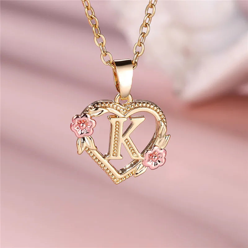 A Z Letter Flower Pendant Necklace Yellow Gold Tone for Women Gift
