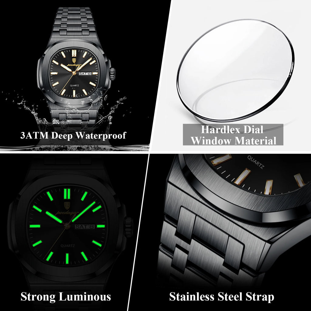 POEDAGAR Brand Square Men's Watch Week Date Stainless Steel Male Watch Luminous Waterproof Luxury Fashion Quartz Watches For Men