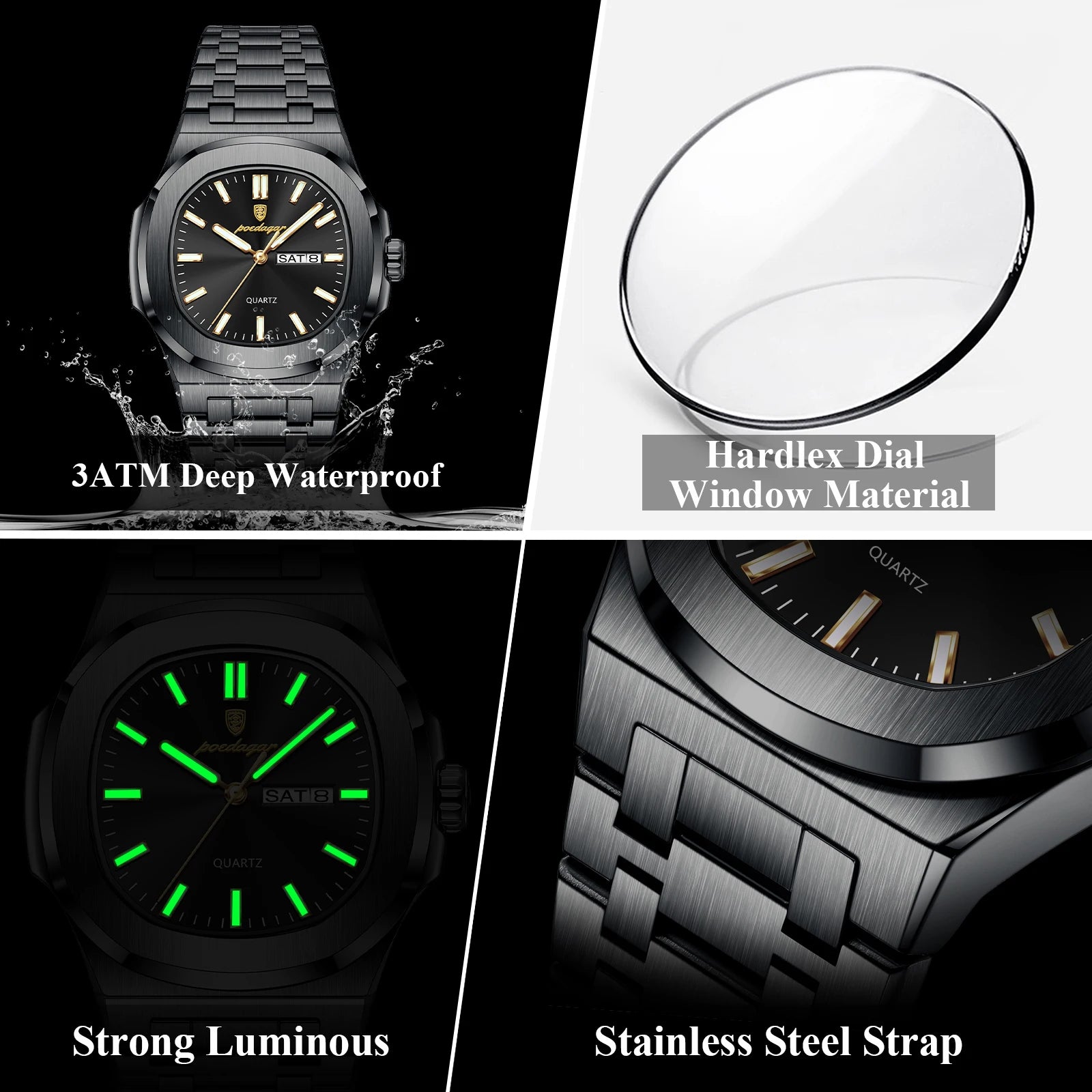 POEDAGAR Brand Square Men's Watch Week Date Stainless Steel Male Watch Luminous Waterproof Luxury Fashion Quartz Watches For Men