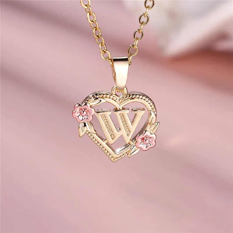 A Z Letter Flower Pendant Necklace Yellow Gold Tone for Women Gift