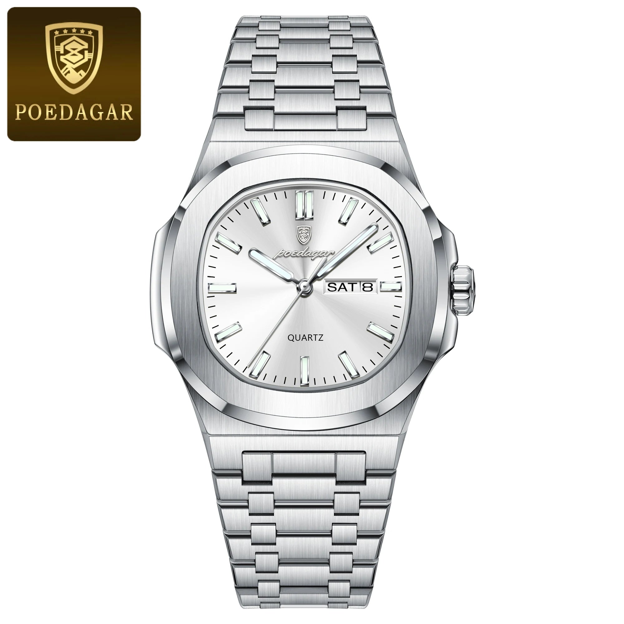 POEDAGAR Brand Square Men's Watch Week Date Stainless Steel Male Watch Luminous Waterproof Luxury Fashion Quartz Watches For Men