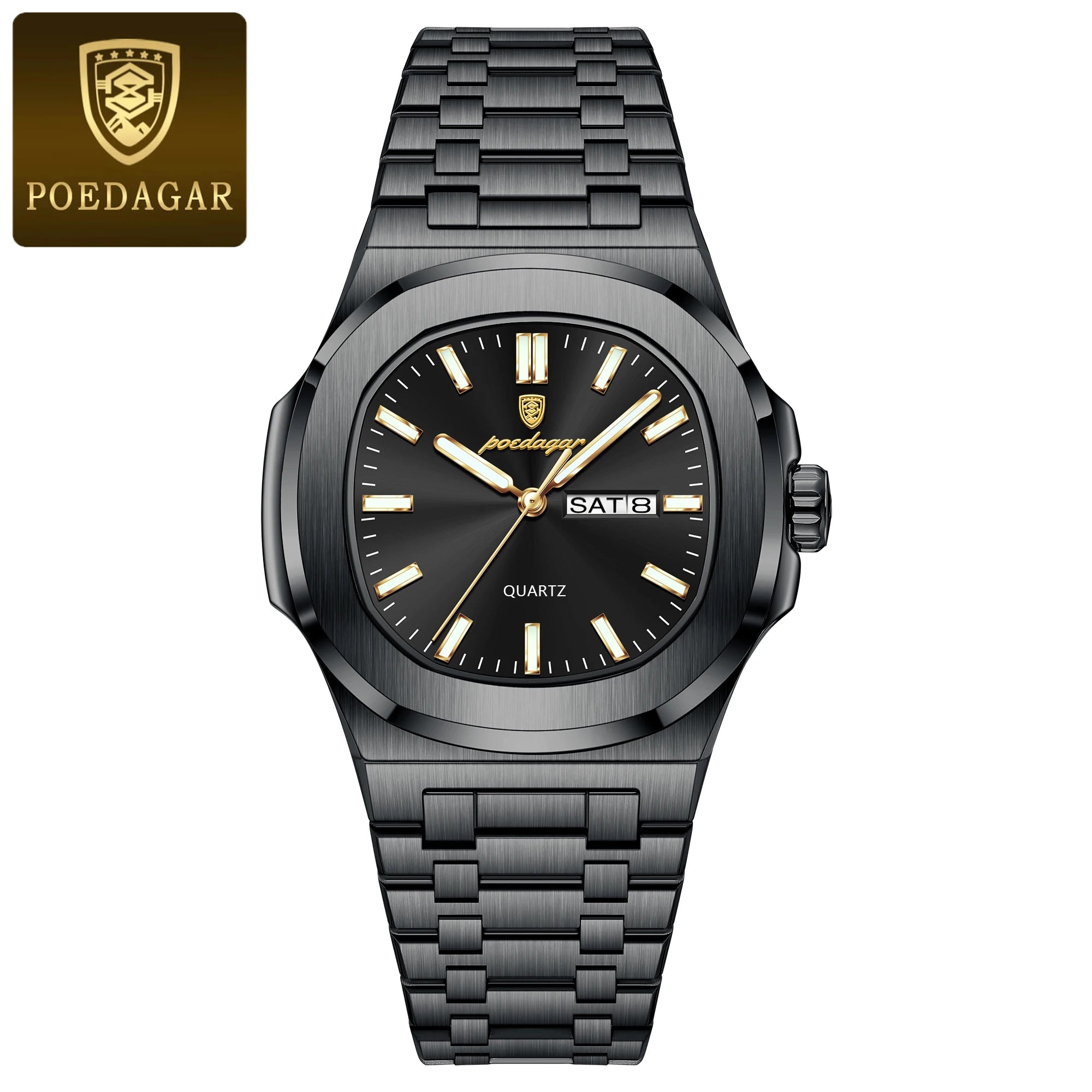 POEDAGAR Brand Square Men's Watch Week Date Stainless Steel Male Watch Luminous Waterproof Luxury Fashion Quartz Watches For Men
