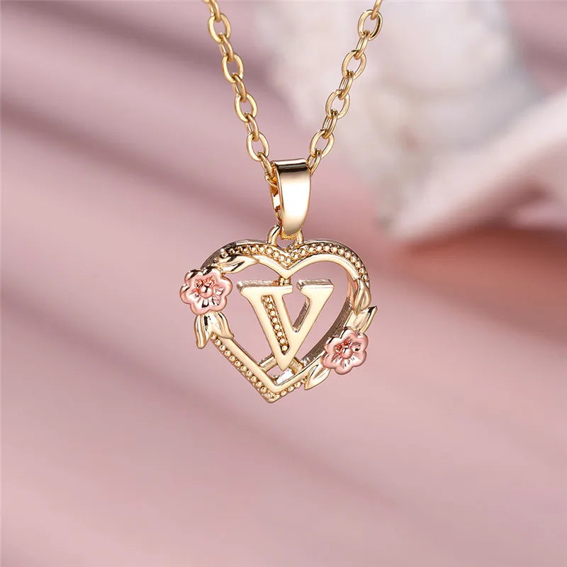 A Z Letter Flower Pendant Necklace Yellow Gold Tone for Women Gift