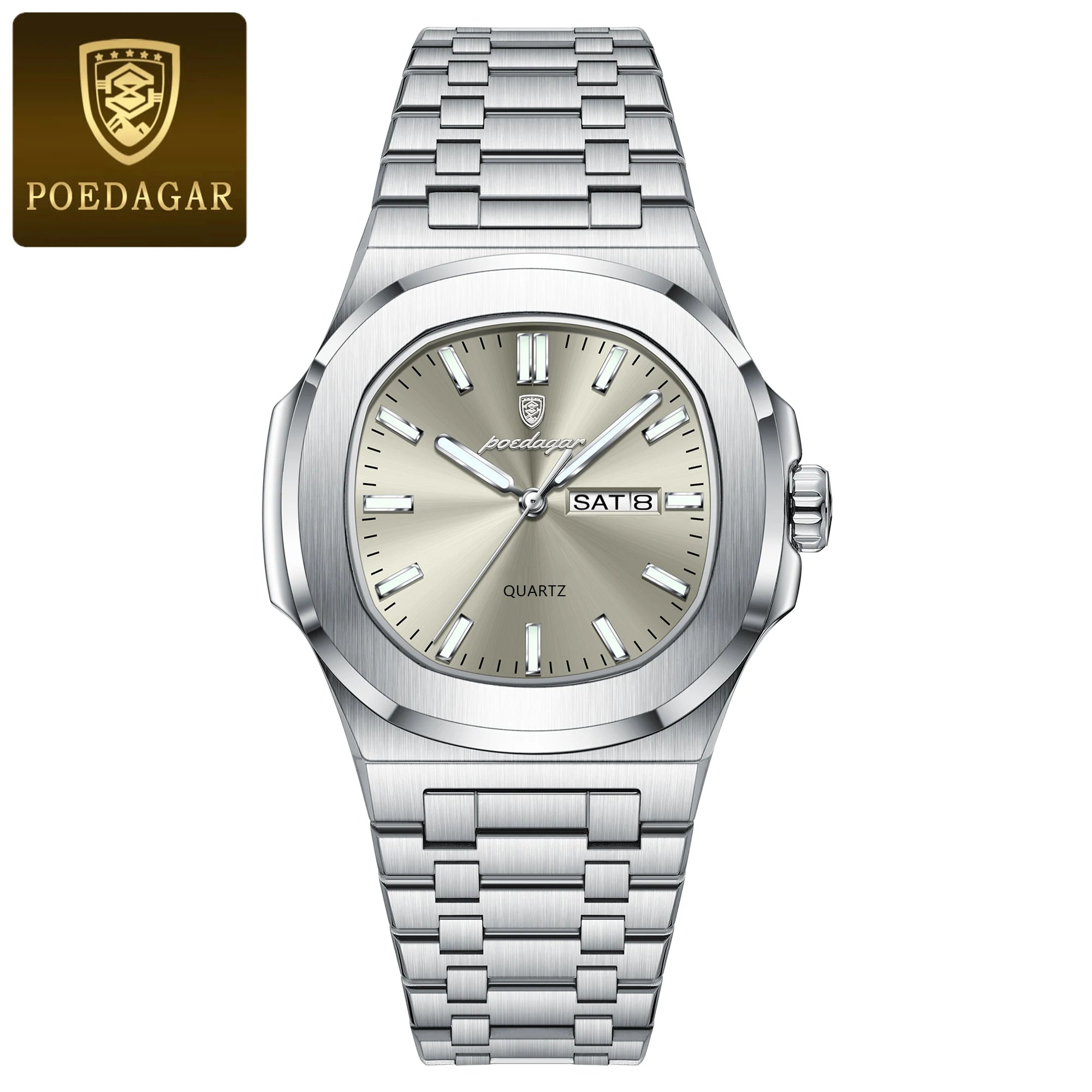 POEDAGAR Brand Square Men's Watch Week Date Stainless Steel Male Watch Luminous Waterproof Luxury Fashion Quartz Watches For Men
