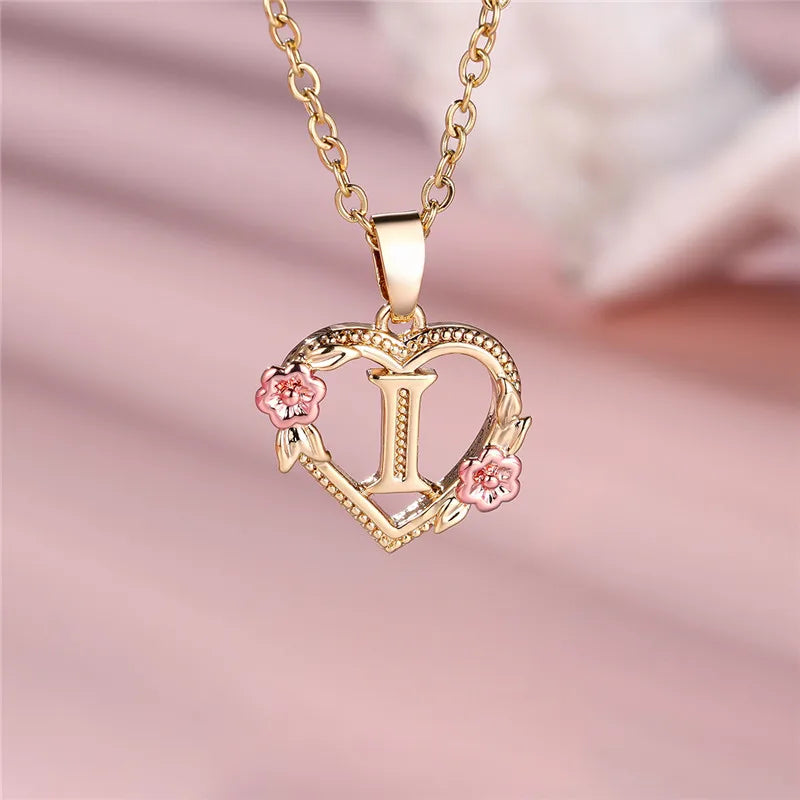 A Z Letter Flower Pendant Necklace Yellow Gold Tone for Women Gift