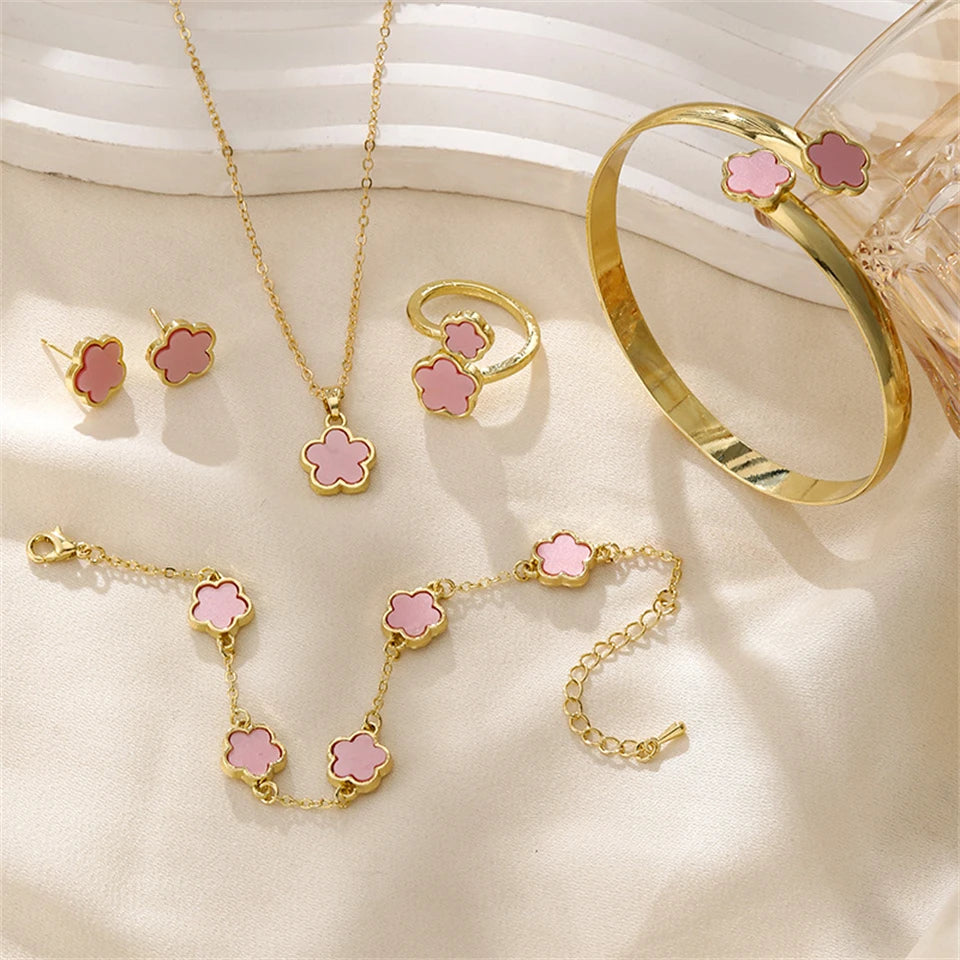 5pcs Lucky Five-petal Flower Women's Jewelry Set, Fashion Flower Bracelet + Necklace + Earrings + Bracelet + Ring, Birthday