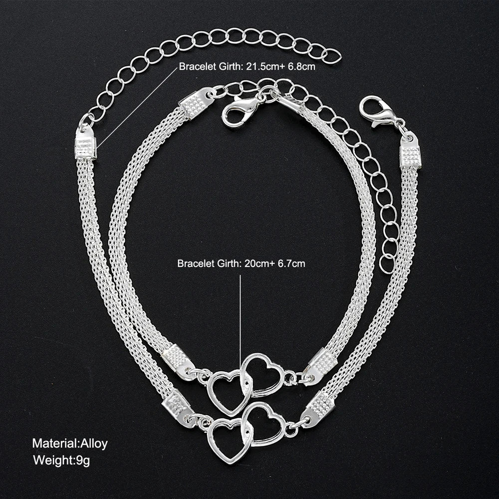 2 Pcs Set Love Heart Couple Bracelets Women Men Silver Color Double Layer Gift