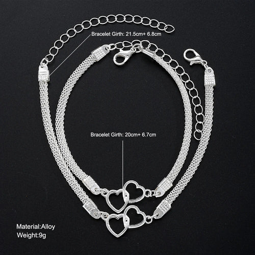 2 Pcs Set Love Heart Couple Bracelets Women Men Silver Color Double Layer Gift