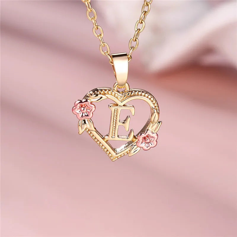 A Z Letter Flower Pendant Necklace Yellow Gold Tone for Women Gift