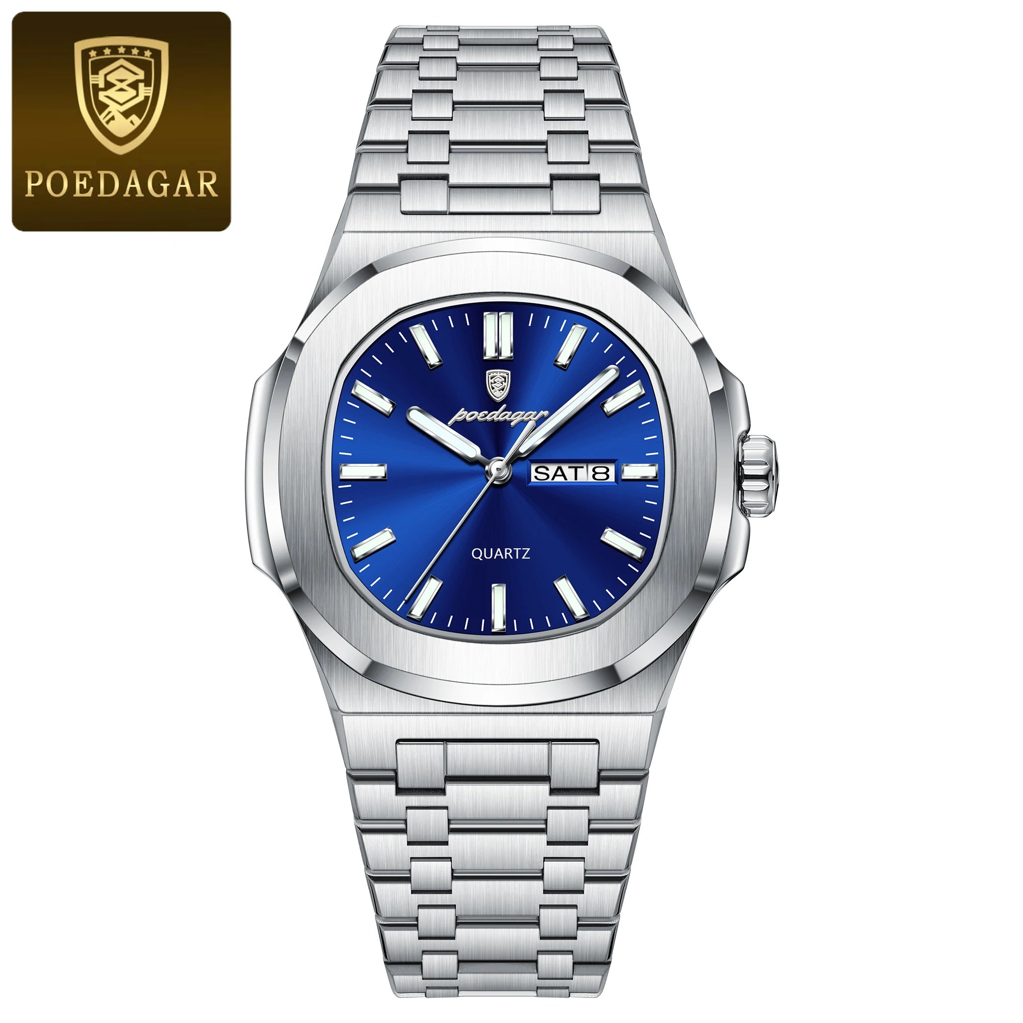 POEDAGAR Brand Square Men's Watch Week Date Stainless Steel Male Watch Luminous Waterproof Luxury Fashion Quartz Watches For Men