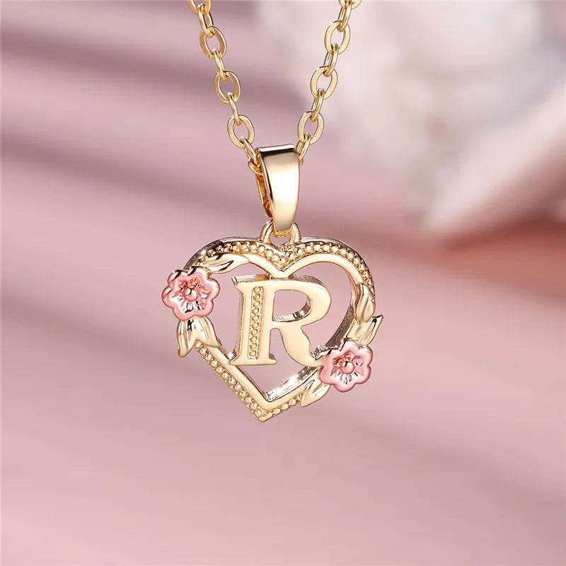 A Z Letter Flower Pendant Necklace Yellow Gold Tone for Women Gift
