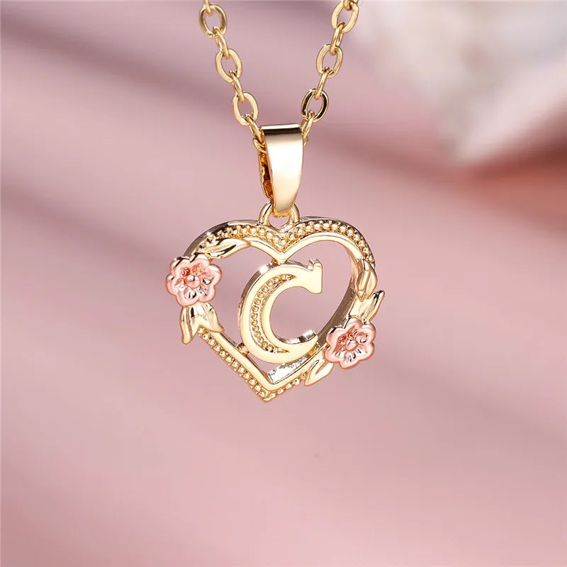 A Z Letter Flower Pendant Necklace Yellow Gold Tone for Women Gift