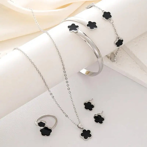 5pcs Lucky Five-petal Flower Women's Jewelry Set, Fashion Flower Bracelet + Necklace + Earrings + Bracelet + Ring, Birthday