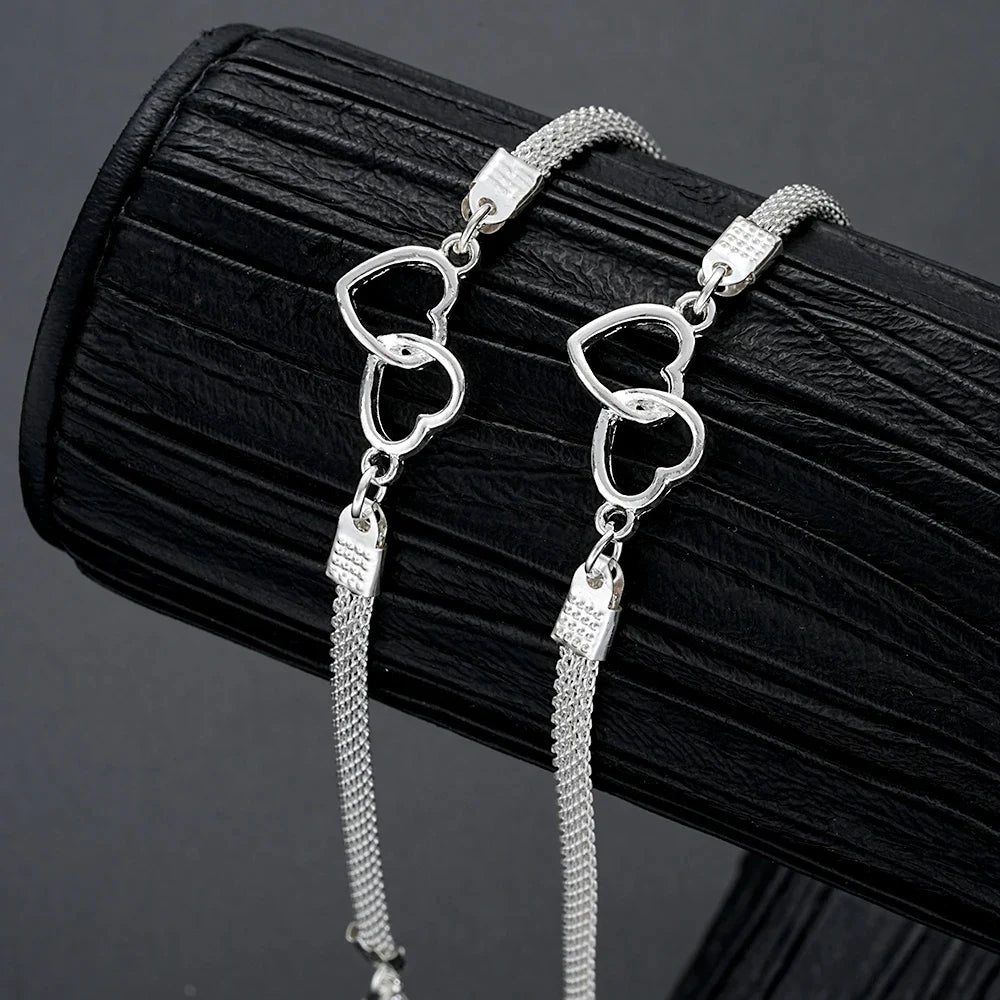 2 Pcs Set Love Heart Couple Bracelets Women Men Silver Color Double Layer Gift