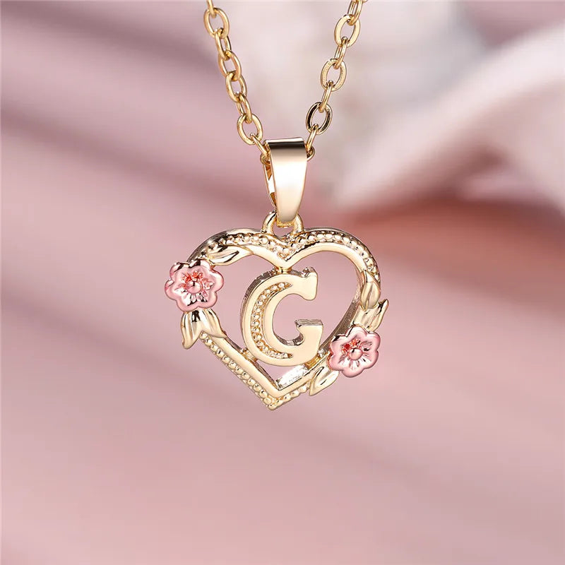 A Z Letter Flower Pendant Necklace Yellow Gold Tone for Women Gift
