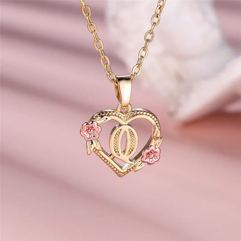 A Z Letter Flower Pendant Necklace Yellow Gold Tone for Women Gift