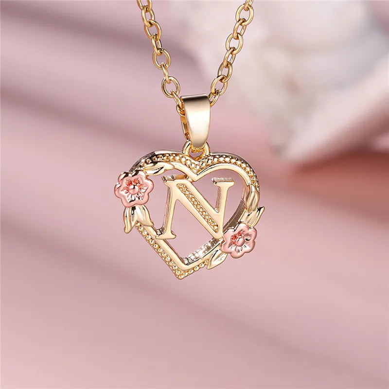 A Z Letter Flower Pendant Necklace Yellow Gold Tone for Women Gift