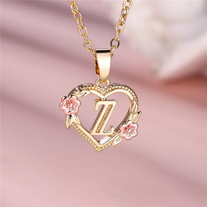 A Z Letter Flower Pendant Necklace Yellow Gold Tone for Women Gift