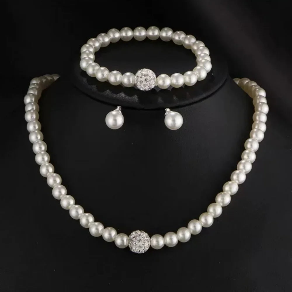 3 PCS Imitation Pearl Fireball Necklace Bracelet Earring Stud Jewelry Set Silver Color Crystal Stone Elegant Bridal Jewelry Gift