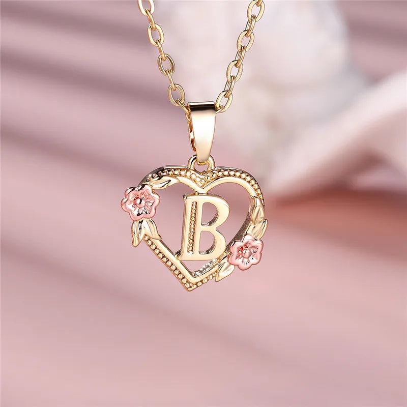 A Z Letter Flower Pendant Necklace Yellow Gold Tone for Women Gift
