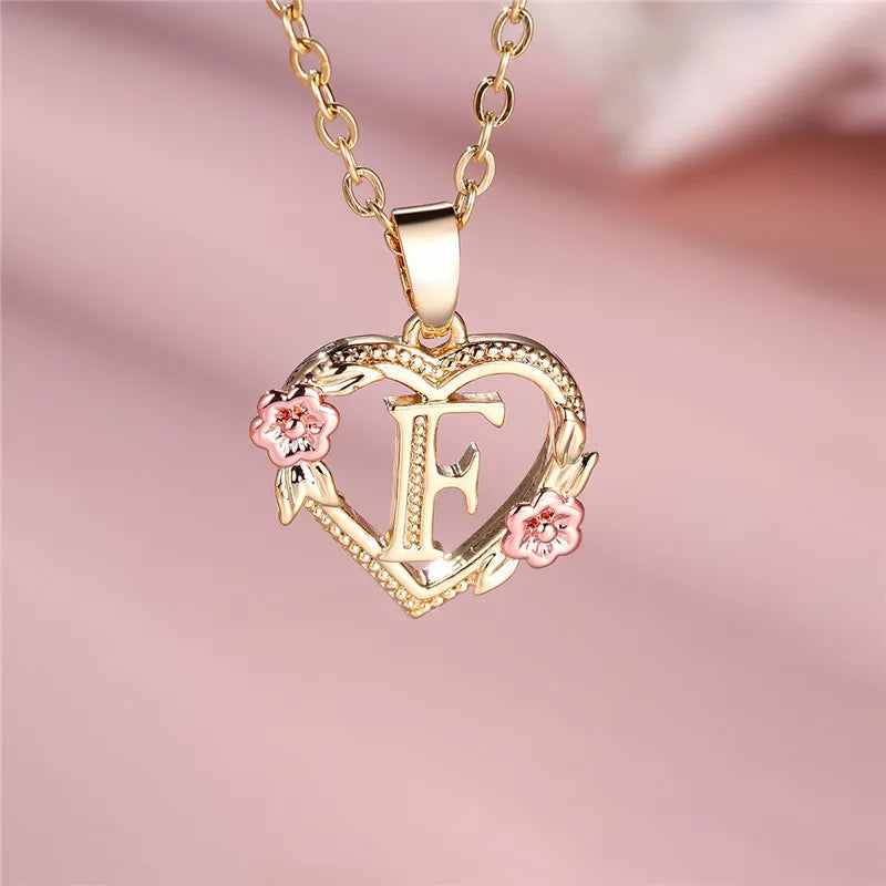 A Z Letter Flower Pendant Necklace Yellow Gold Tone for Women Gift