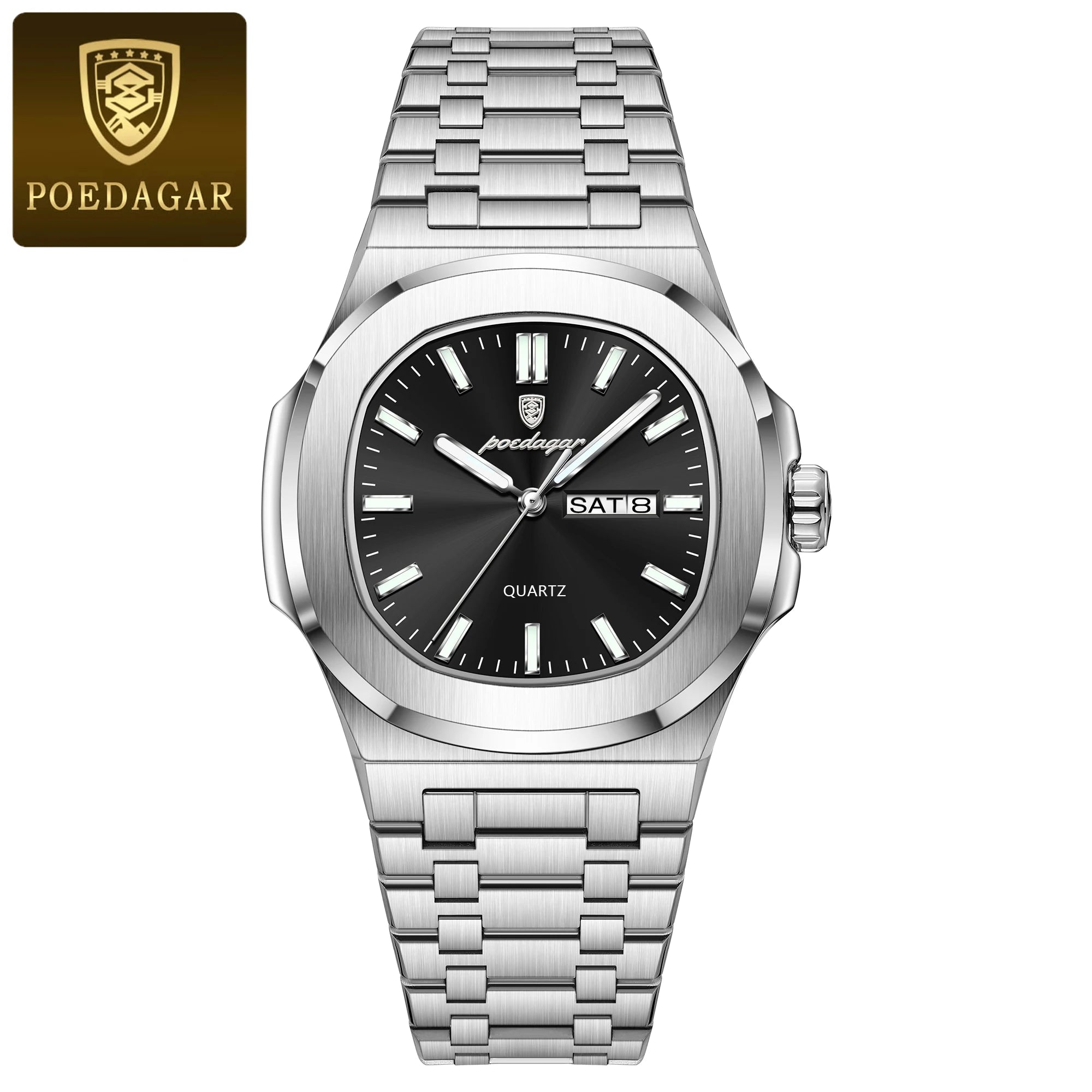 POEDAGAR Brand Square Men's Watch Week Date Stainless Steel Male Watch Luminous Waterproof Luxury Fashion Quartz Watches For Men