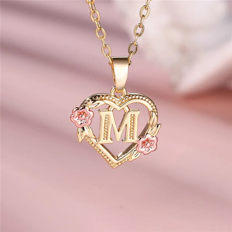A Z Letter Flower Pendant Necklace Yellow Gold Tone for Women Gift
