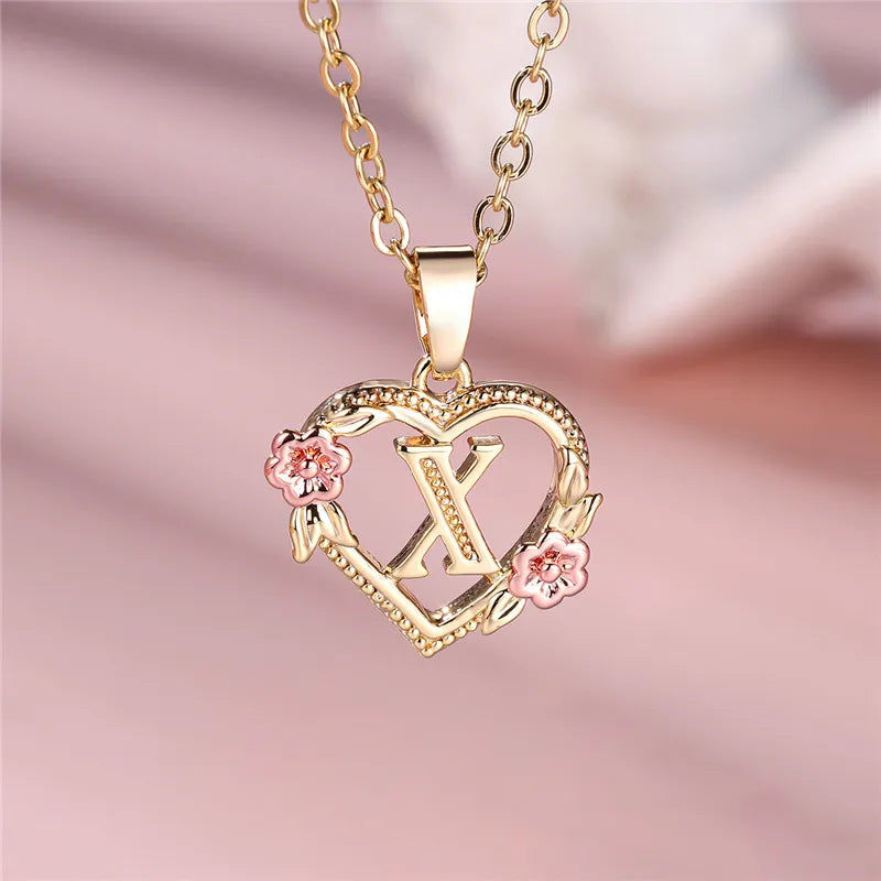 A Z Letter Flower Pendant Necklace Yellow Gold Tone for Women Gift