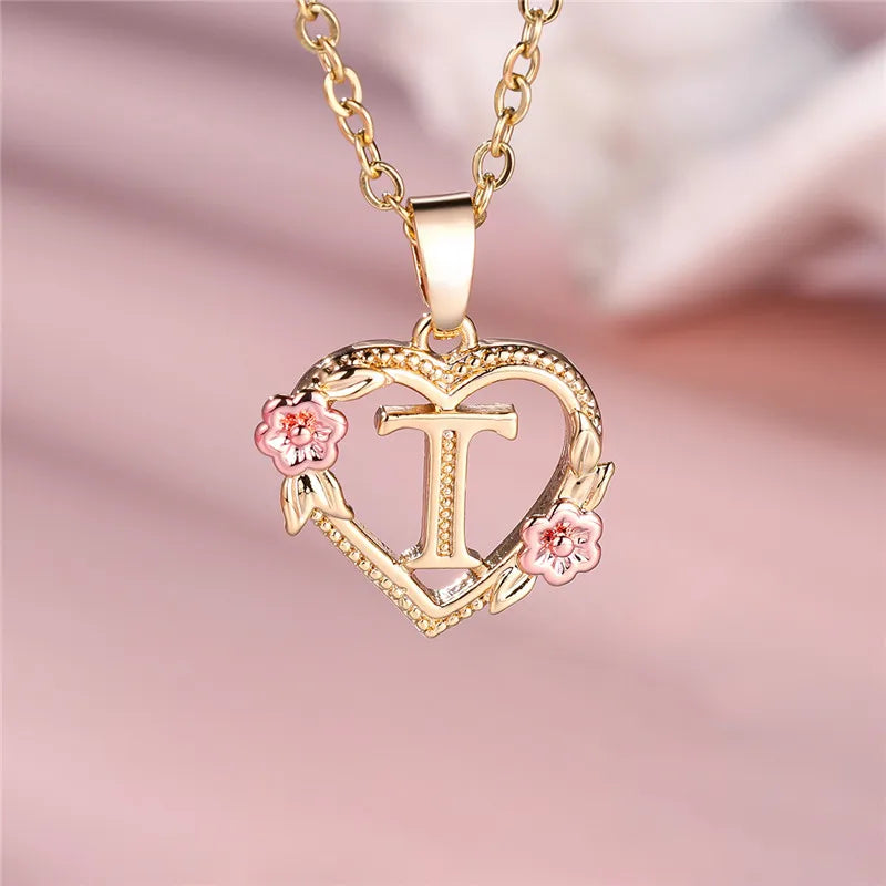 A Z Letter Flower Pendant Necklace Yellow Gold Tone for Women Gift