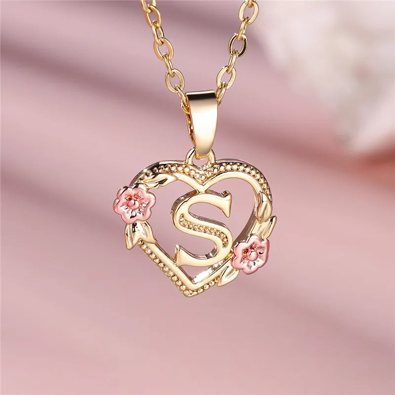 A Z Letter Flower Pendant Necklace Yellow Gold Tone for Women Gift