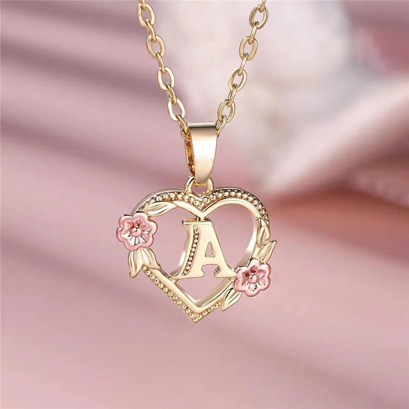 A Z Letter Flower Pendant Necklace Yellow Gold Tone for Women Gift