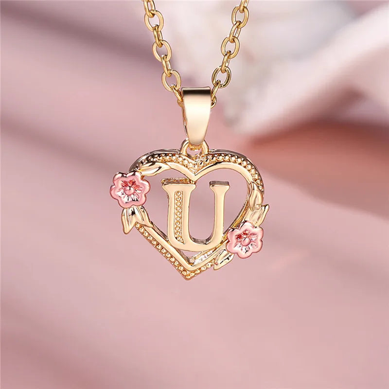 A Z Letter Flower Pendant Necklace Yellow Gold Tone for Women Gift